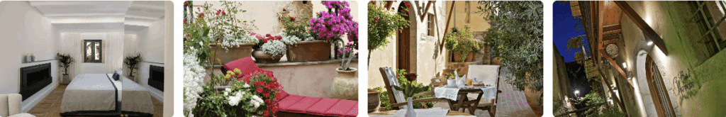Ionas Boutique Hotel Chania un coulage de 4 images montrant les chambres et l'extérieur