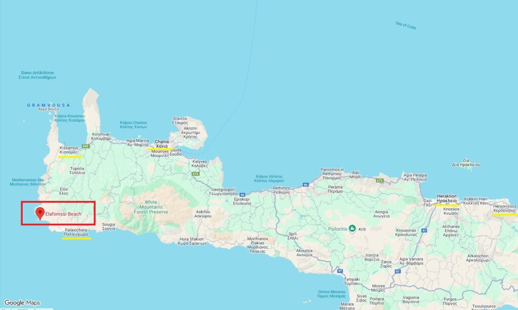 Ubicación en el mapa de la playa de Elafonisis, en el suroeste de Creta