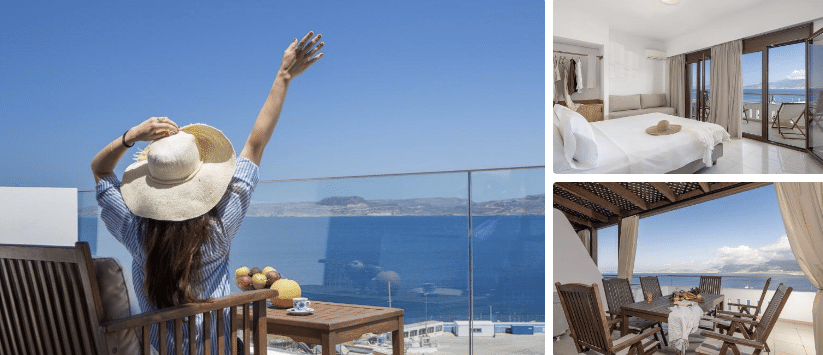 Porto Kaza hotel Sitia coulage of 3 images showing balony and sea view rooms