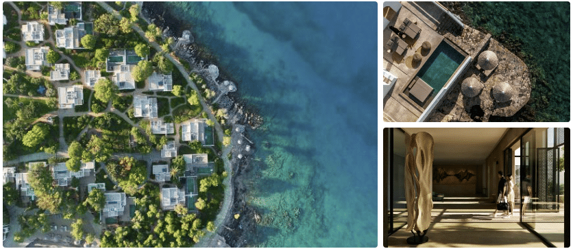 Minos Beach Art Hotel flygfoto över semesteranläggning vid klart havsvatten